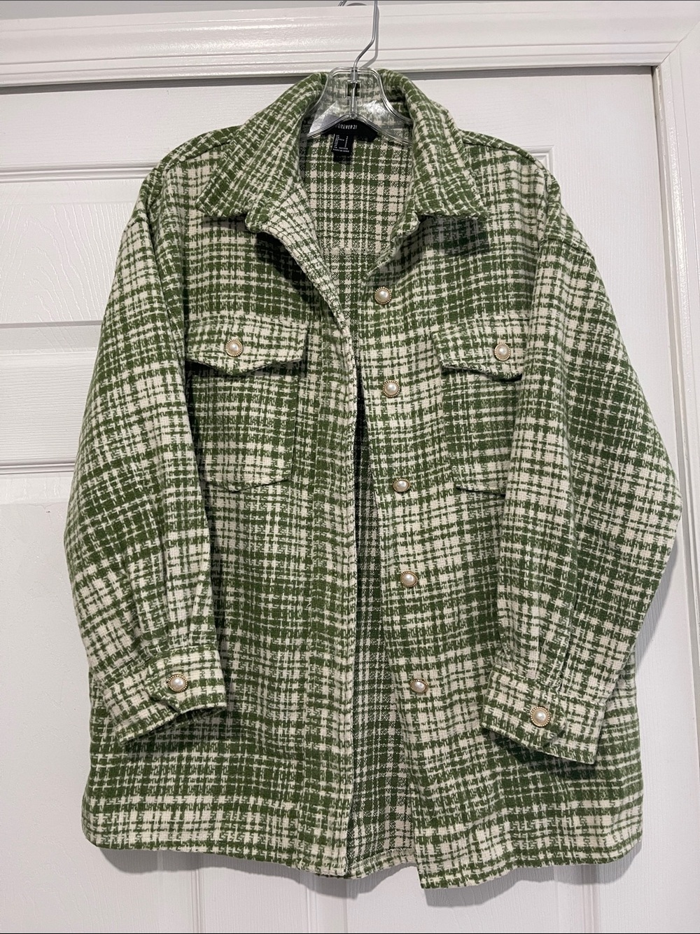 Forever 21 Green and Cream Plaid Teddy Shacket